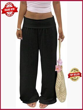 Fold Over Low Rise Linen Pants Wide Leg Casual Lounge